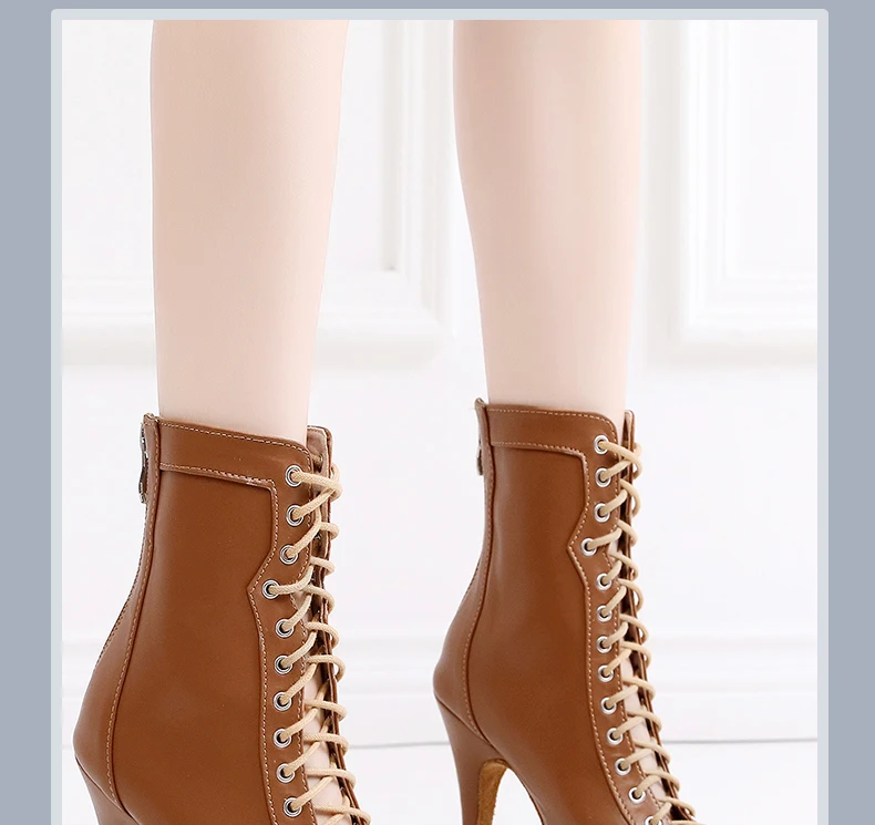 Woman Black Brown Latin Jazz Dance Shoes Open Toe High Heel Stiletto Bootie Girls Slim Heel 8.5cm/10cm Lace Up Dance Boots