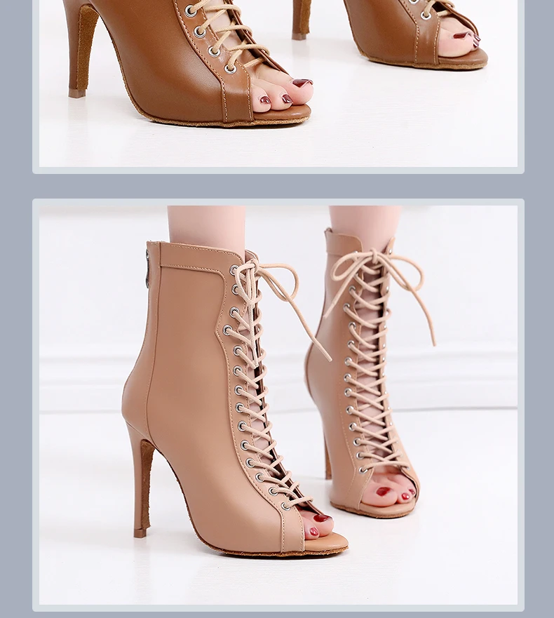 Woman Black Brown Latin Jazz Dance Shoes Open Toe High Heel Stiletto Bootie Girls Slim Heel 8.5cm/10cm Lace Up Dance Boots