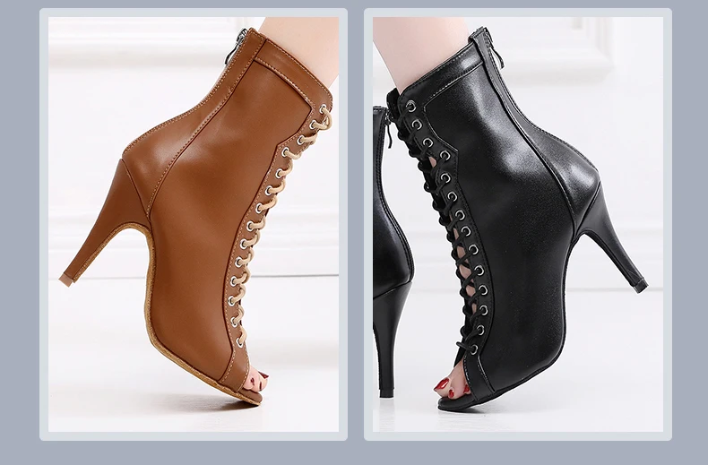 Woman Black Brown Latin Jazz Dance Shoes Open Toe High Heel Stiletto Bootie Girls Slim Heel 8.5cm/10cm Lace Up Dance Boots
