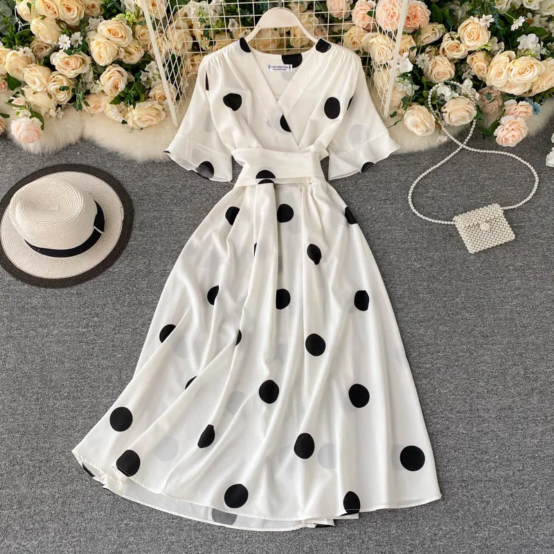 Alternative view of YuooMuoo Chic Fashion Polka Dot Print Women Dress New Summer Elegant Vintage Bandage Slim Waist Big Swing Long Party Dress