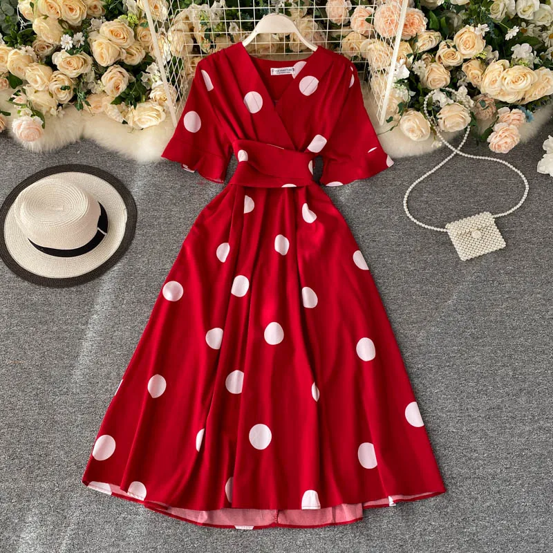 YuooMuoo Chic Fashion Polka Dot Print Women Dress New Summer Elegant Vintage Bandage Slim Waist Big Swing Long Party Dress