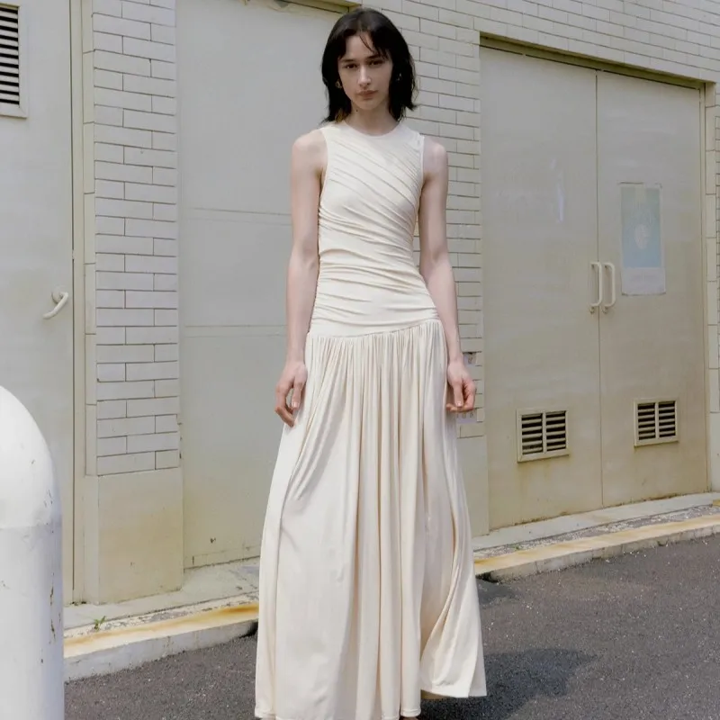 White Dress Women'S Summer New Design Sense Pleated Round Neck Sleeveless Slim And Simple Tank Top Sk