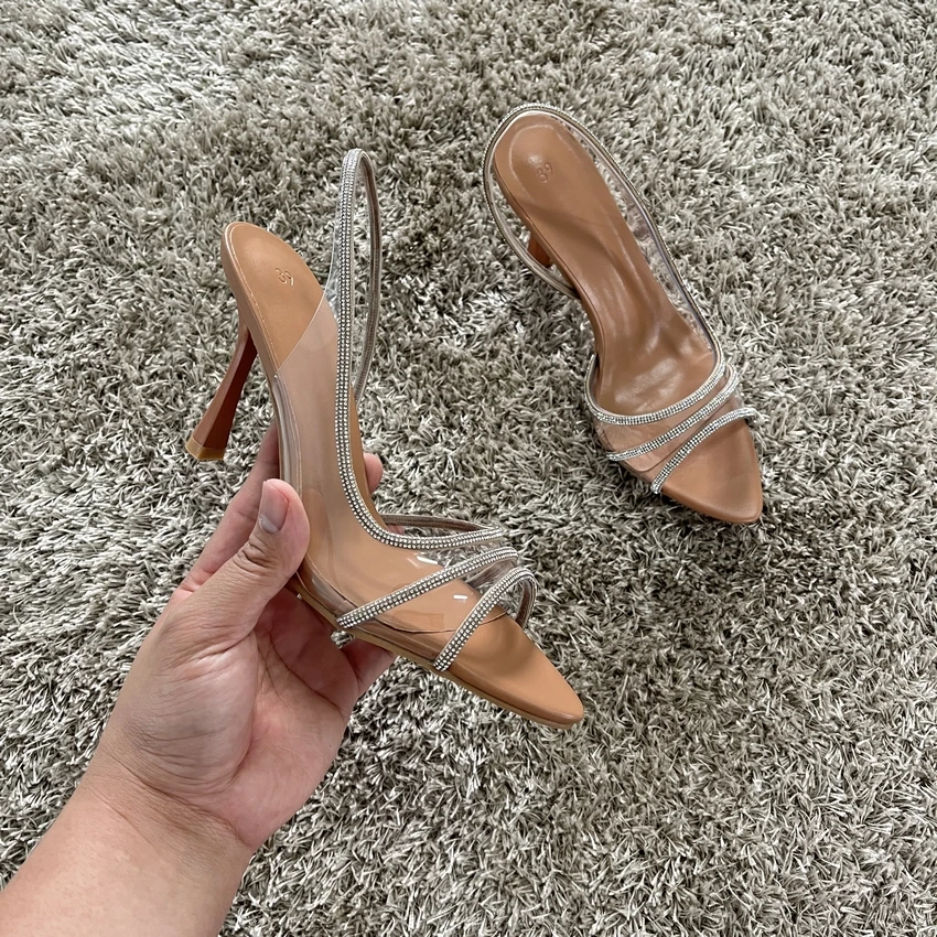 2023 Women Summer Rhinestone Slingback Pumps Office Lady Transparent Heeled Sandals Elegant Pointed Toe Female Sexy High Heels 2023 Women Summer Rhinestone Slingback Pumps Office Lady Transparent Heeled Sandals Elegant Pointed Toe Female Sexy High Heels