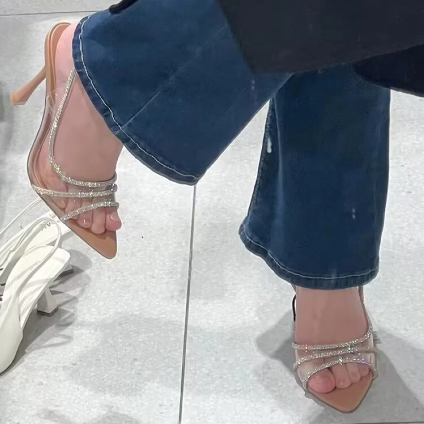 2023 Women Summer Rhinestone Slingback Pumps Office Lady Transparent Heeled Sandals Elegant Pointed Toe Female Sexy High Heels 2023 Women Summer Rhinestone Slingback Pumps Office Lady Transparent Heeled Sandals Elegant Pointed Toe Female Sexy High Heels
