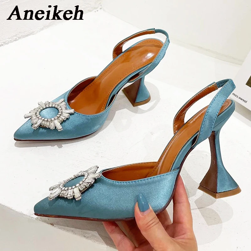 Alternative view of Aneikeh Brand Women Silk High Heels Luxury Crystal Butterfly Knot High Heels Summer Pointed Shoes Triangle Heeled Bride Pumps
