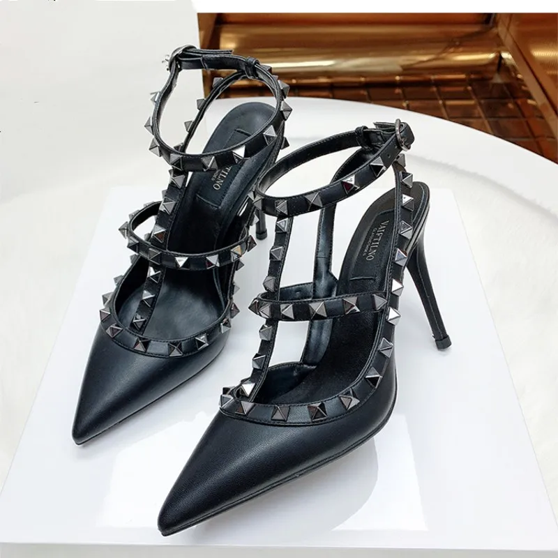 Alternative view of Genuine Leather Matte Women's Stiletto Sandals Versatile In Summer Fashion Rivet Pumps Women's Ankle Strap High Heels 6cm 8cm 10