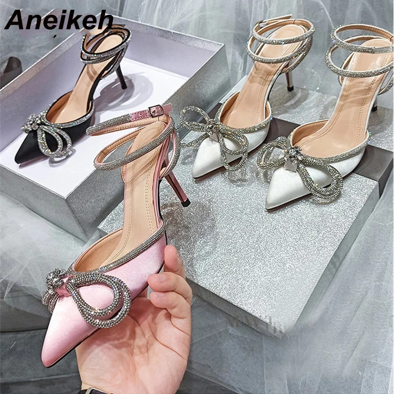 Alternative view of Aneikeh PVC Style Glitter Rhinestones Women Pumps Crystal Bowknot Satin Lady Silk High Heels Party Shoes 2024 Spring Size 35-42