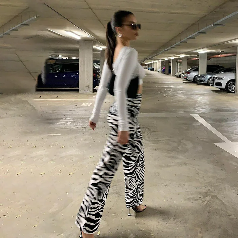 2023 Summer Zebra Print Wide Leg Pants Y2K Trousers Sexy High Waist Women New Fashion Casual Female Trousers Streetwear 16395