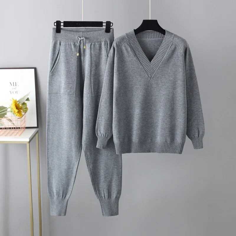 2023 Autumn Winter Women’s V Neck Sweater Two Piece Set Female Knitted Pants Suits Fashion Casual Pullover Tracksuits Outwear