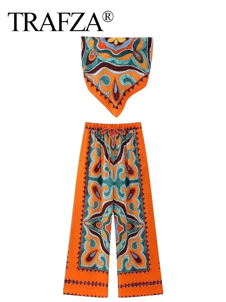 Alternative view of TRAFZA Women Pants Set Vintage Print Back Bow Tie Strapless Bustier Tops + Drawstring Trousers Female Chic Streetwear Pant Suits