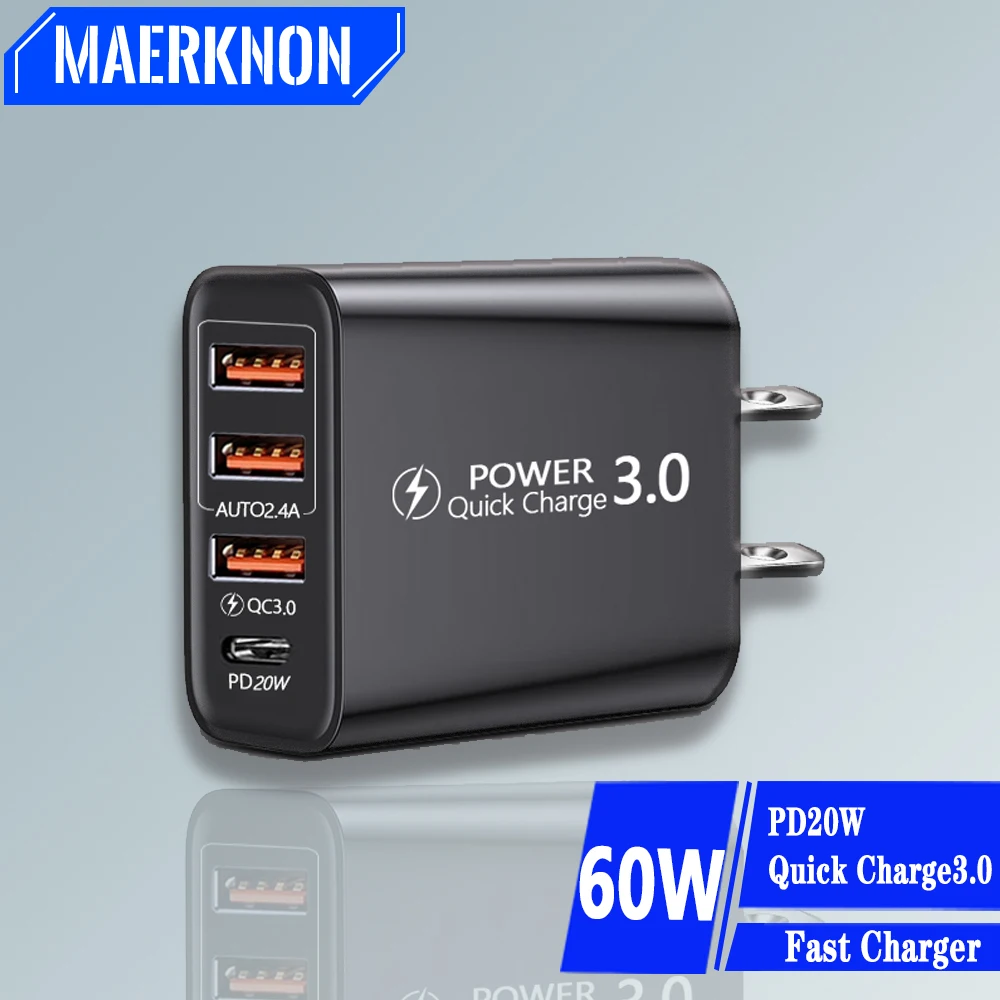60W USB C Charger Fast Charge Charger PD TypeC Quick Charge3.0 Wall Power Adapter for iPhone Xiaomi Samsung Huawei Phone Charger