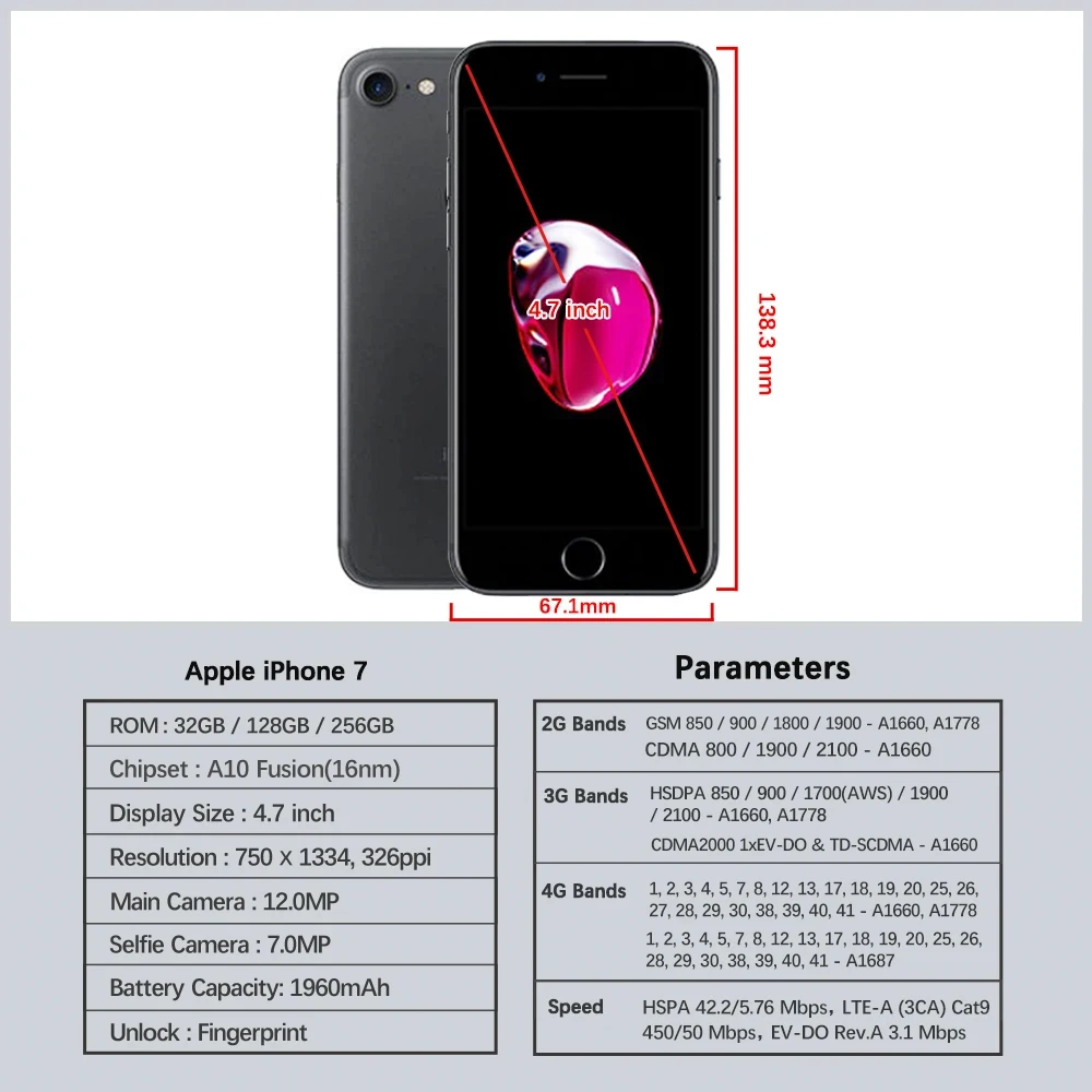 Used Unlocked Apple iPhone 7 Quad Core 4G LTE Mobile Cellphone 4.7'' 12MP 32GB/128GB/256GB ROM Fingerprint Touch ID Smartphone Used Unlocked Apple iPhone 7 Quad Core 4G LTE Mobile Cellphone 4.7'' 12MP 32GB/128GB/256GB ROM Fingerprint Touch ID Smartphone
