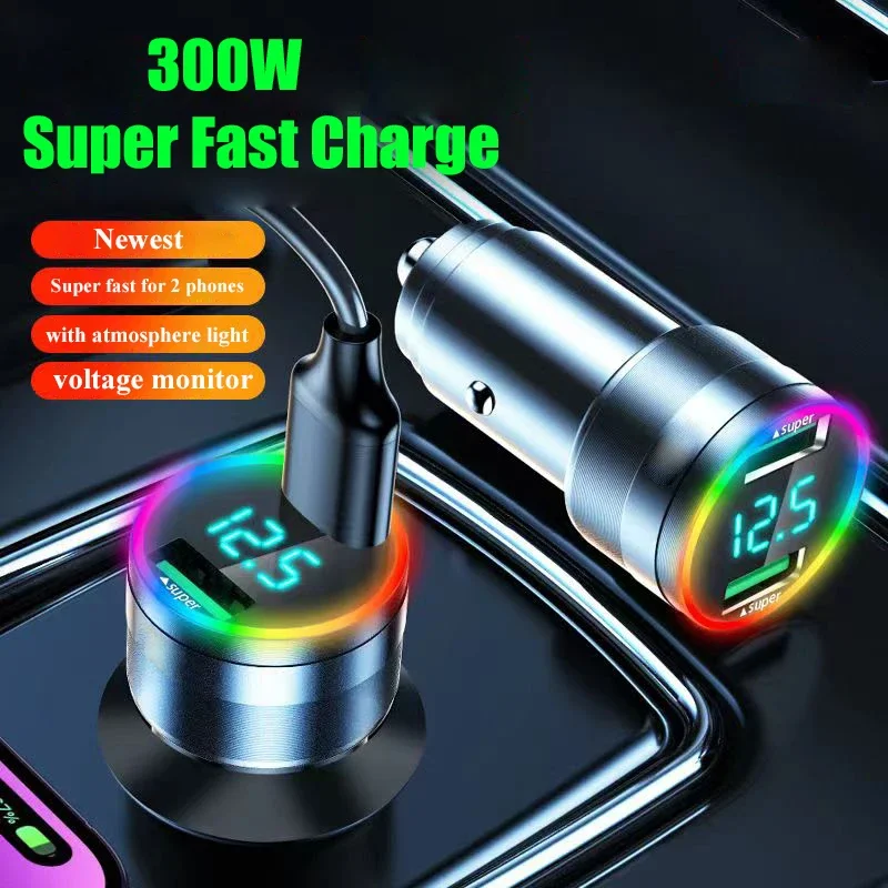 Alternative view of 300W Dual Port USB Car Charger with LED Light Voltage Monitor Super Fast Charging Vehicle Adapter for iPhone Samsung Huawei OPPO