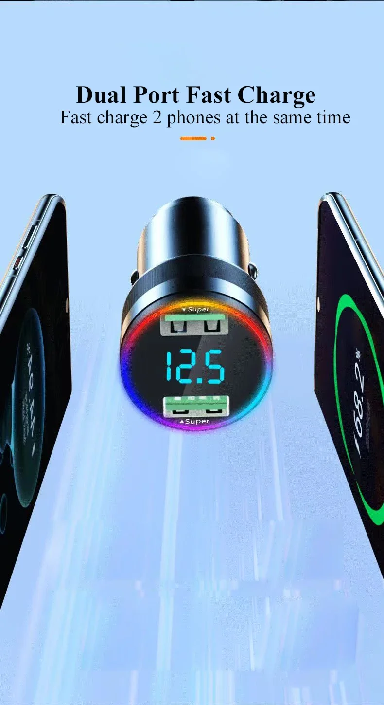 300W Dual Port USB Car Charger with LED Light Voltage Monitor Super Fast Charging Vehicle Adapter for iPhone Samsung Huawei OPPO