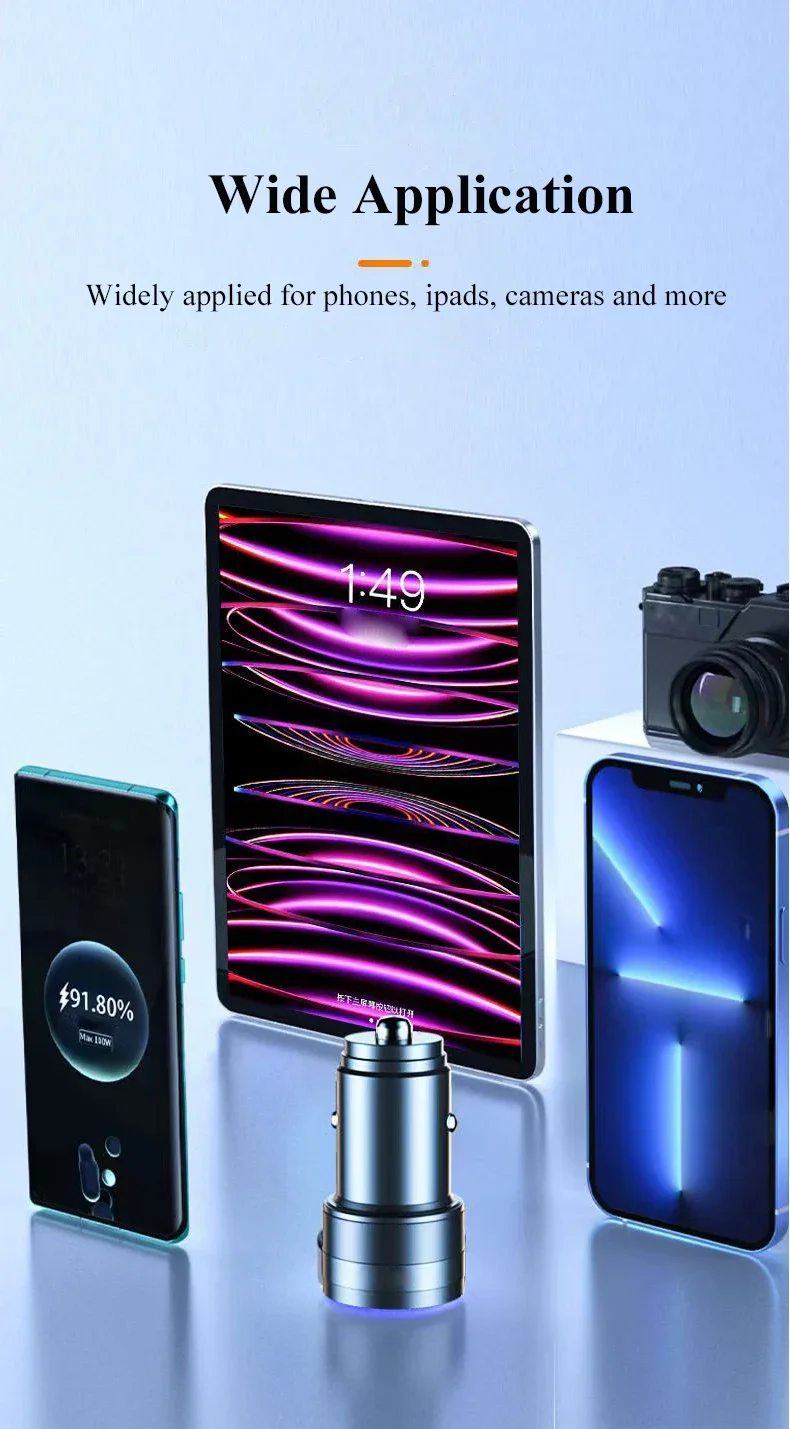 300W Dual Port USB Car Charger with LED Light Voltage Monitor Super Fast Charging Vehicle Adapter for iPhone Samsung Huawei OPPO