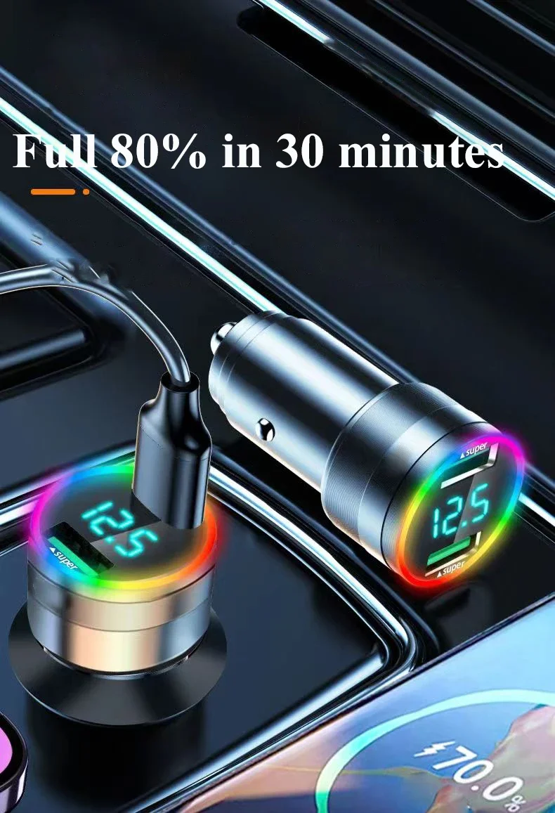 300W Dual Port USB Car Charger with LED Light Voltage Monitor Super Fast Charging Vehicle Adapter for iPhone Samsung Huawei OPPO