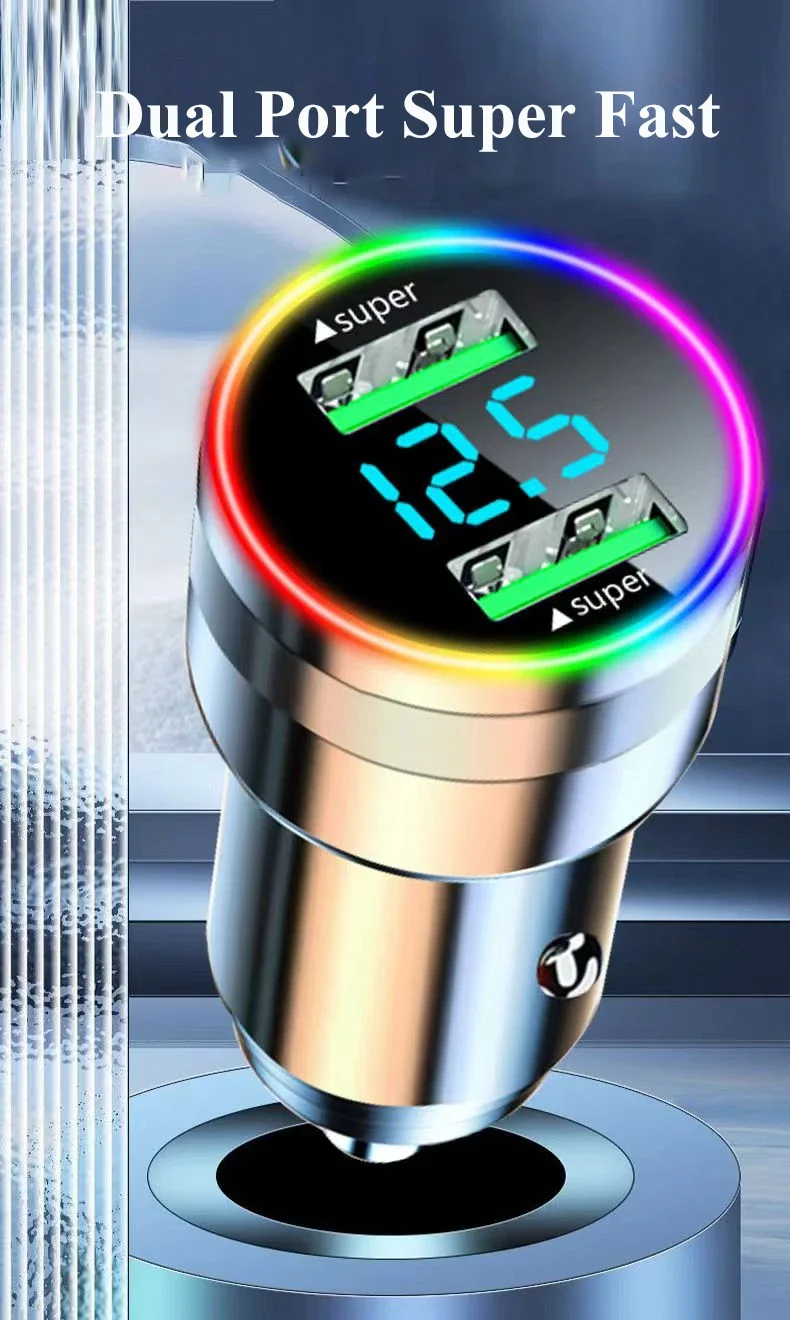 300W Dual Port USB Car Charger with LED Light Voltage Monitor Super Fast Charging Vehicle Adapter for iPhone Samsung Huawei OPPO