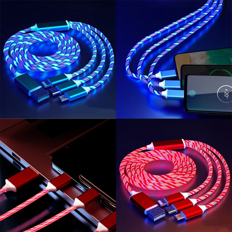 Alternative view of Glowing LED 3 IN 1 Cable For Samsung Xiaomi iPhone Flowing Streamer Light Fast Charger USB C Cord Luminous Type C Cable