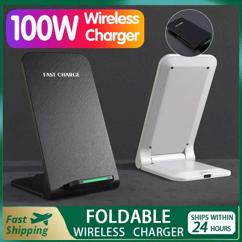 100W Wireless Charger Stand Foldable For iPhone 15 14 13 12 11 X XS Pro Max Samsung S22 S21 Ultra Fast Wireless Charging Station