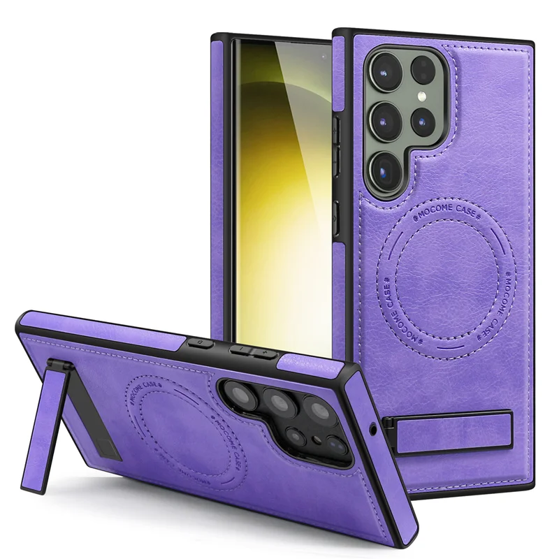 Luxury Wireless Charging Leather Phone Case For Magsafe Samsung S22 S23 Plus S24 Ultra Magnetic Back Cover Holder Stand
