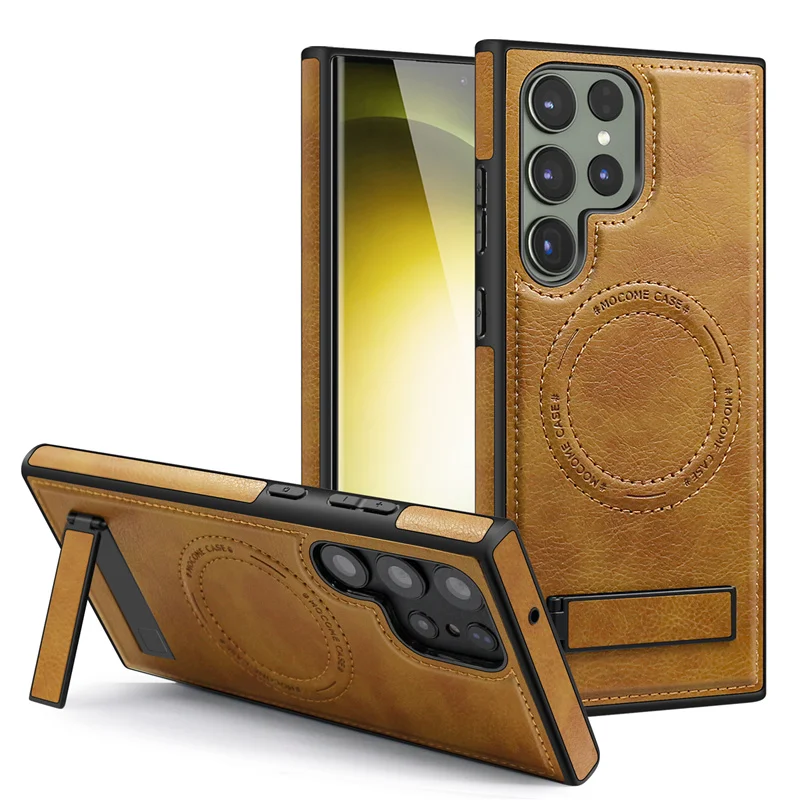 Alternative view of Luxury Wireless Charging Leather Phone Case For Magsafe Samsung S22 S23 Plus S24 Ultra Magnetic Back Cover Holder Stand