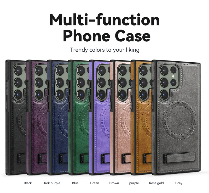 Luxury Wireless Charging Leather Phone Case For Magsafe Samsung S22 S23 Plus S24 Ultra Magnetic Back Cover Holder Stand