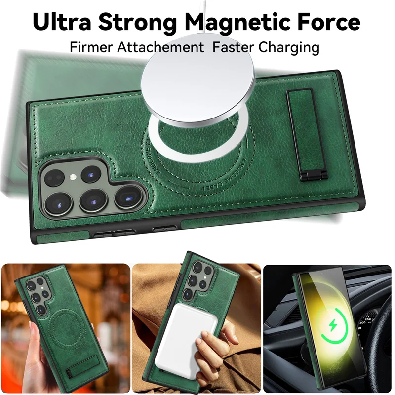 Luxury Wireless Charging Leather Phone Case For Magsafe Samsung S22 S23 Plus S24 Ultra Magnetic Back Cover Holder Stand
