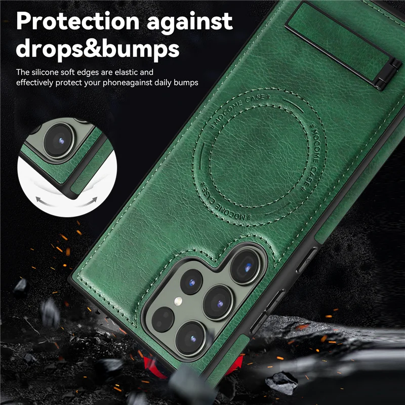 Luxury Wireless Charging Leather Phone Case For Magsafe Samsung S22 S23 Plus S24 Ultra Magnetic Back Cover Holder Stand