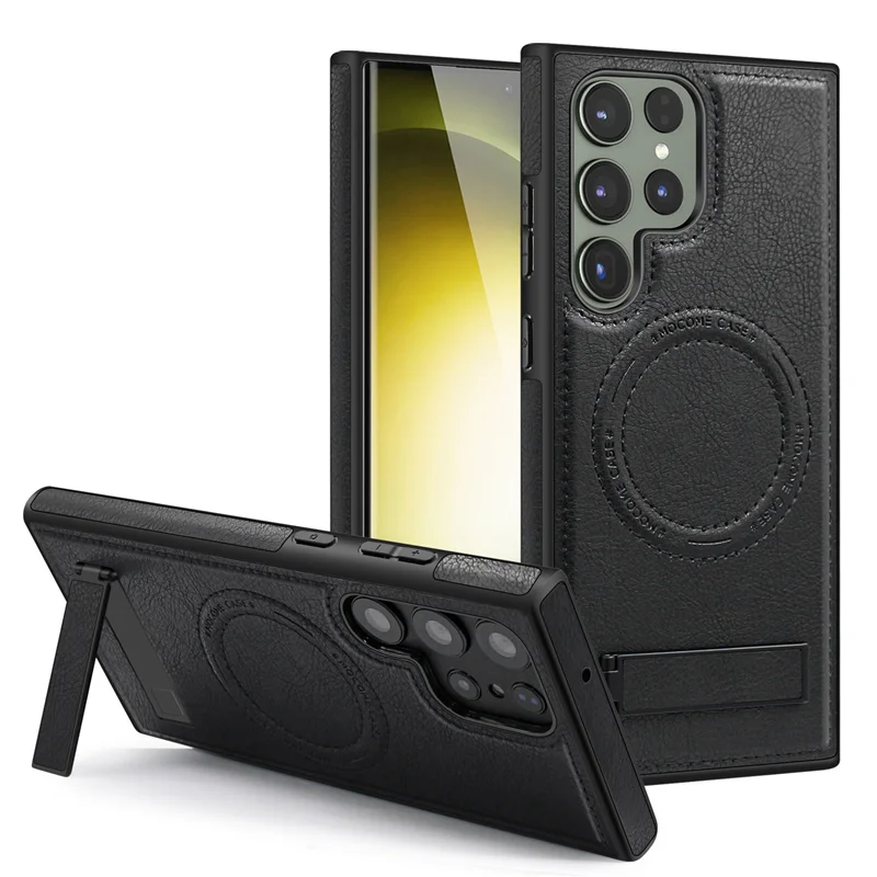 Luxury Wireless Charging Leather Phone Case For Magsafe Samsung S22 S23 Plus S24 Ultra Magnetic Back Cover Holder Stand