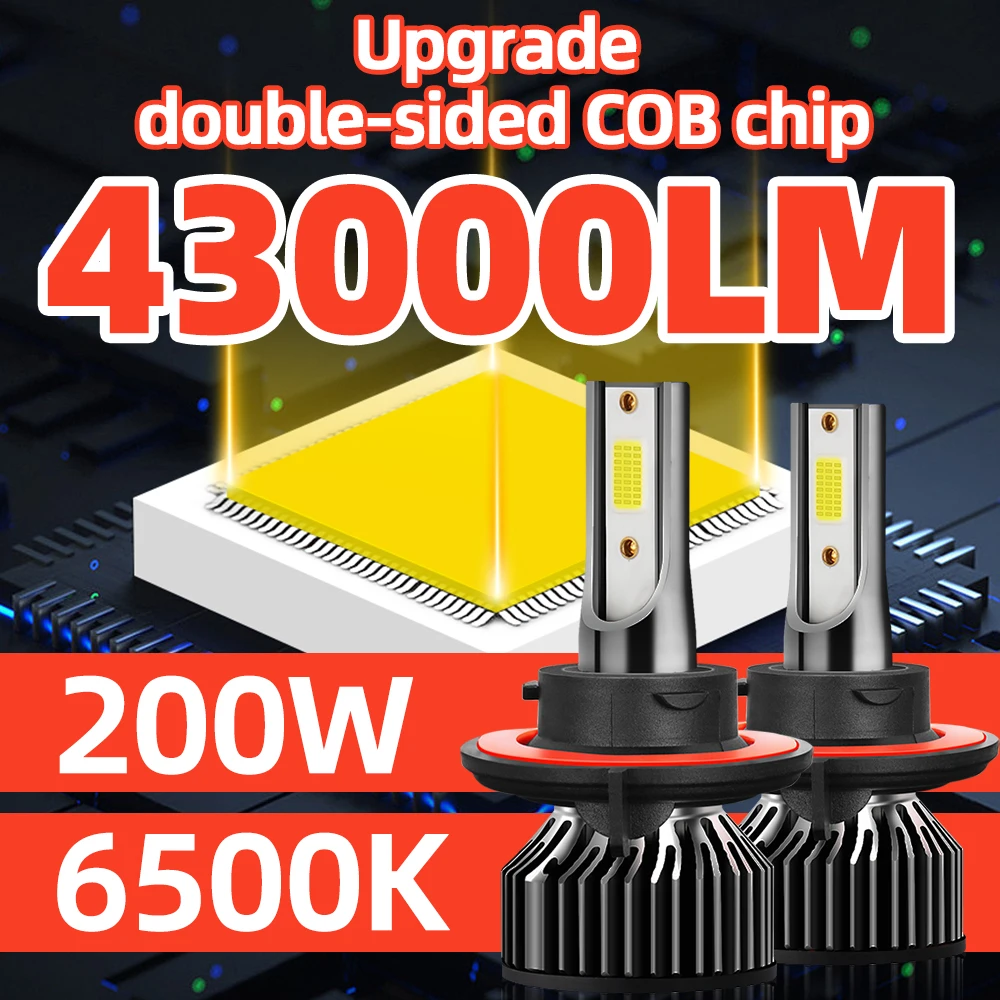 200W LED Headlight 6500K 43000LM 9007 H4 H13 Hi-Lo Beam Lamp H1 H7 H11 9005 9006 Car Turbo Bulbs 12V 24V