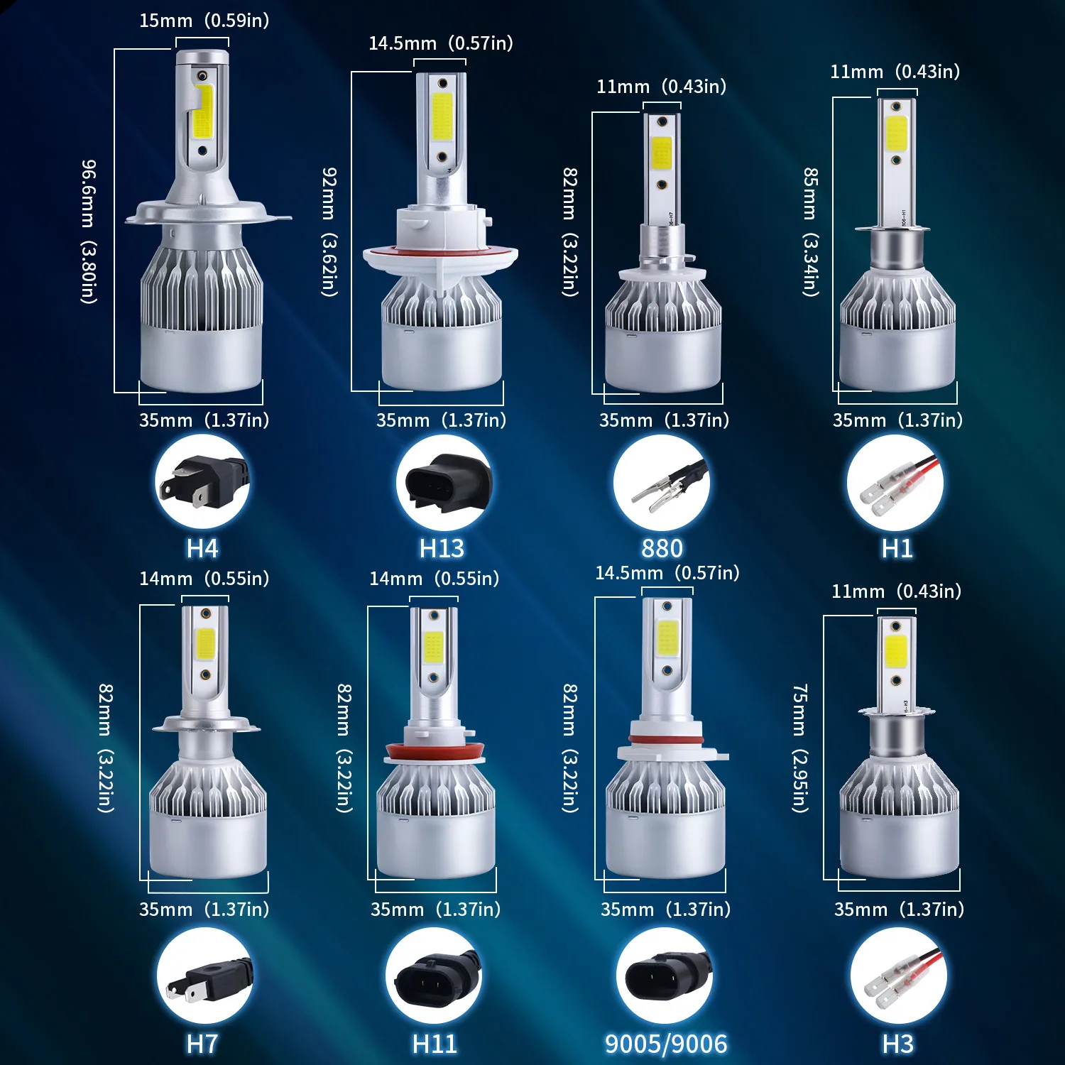 Alternative view of 2x H7 LED H11 H4 Hi/Lo H1 H3 H8 HB1 HB3 HB4 HB5 HIR2 H13 H27 9005 9006 Car Headlight Bulbs 3000K 6000K 8000K COB C6 car lights