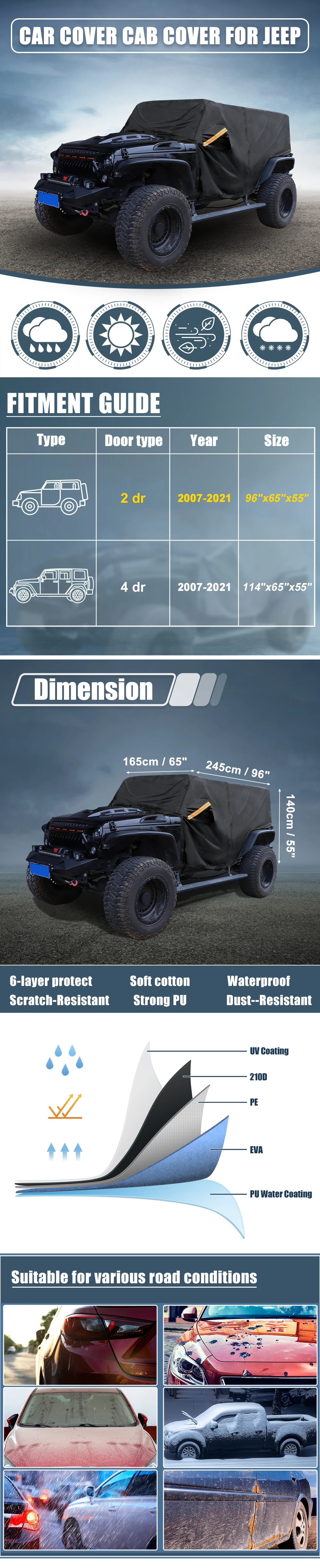 X Autohaux Car Body Cover for Jeep Wrangler JK JL Hardtop 2 4 Door 2007-2021 Outdoor Windproof Waterproof 210D Oxford Protect