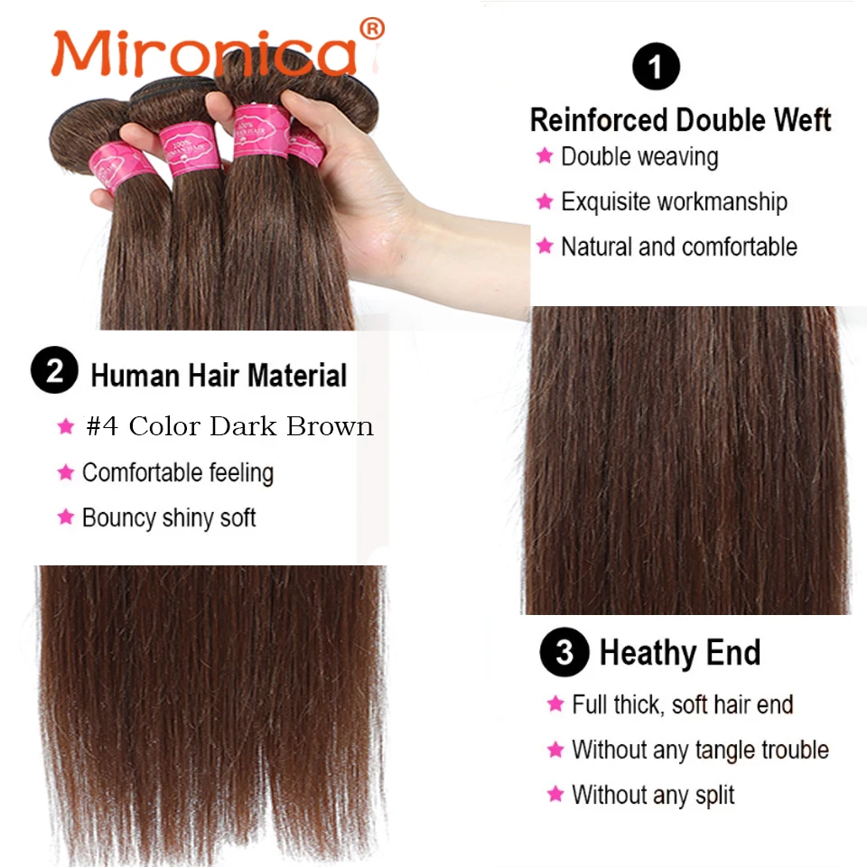 Straight Chocolate Brown 1/3/4 Human Hair Weaving Wefts Remy - Image 5