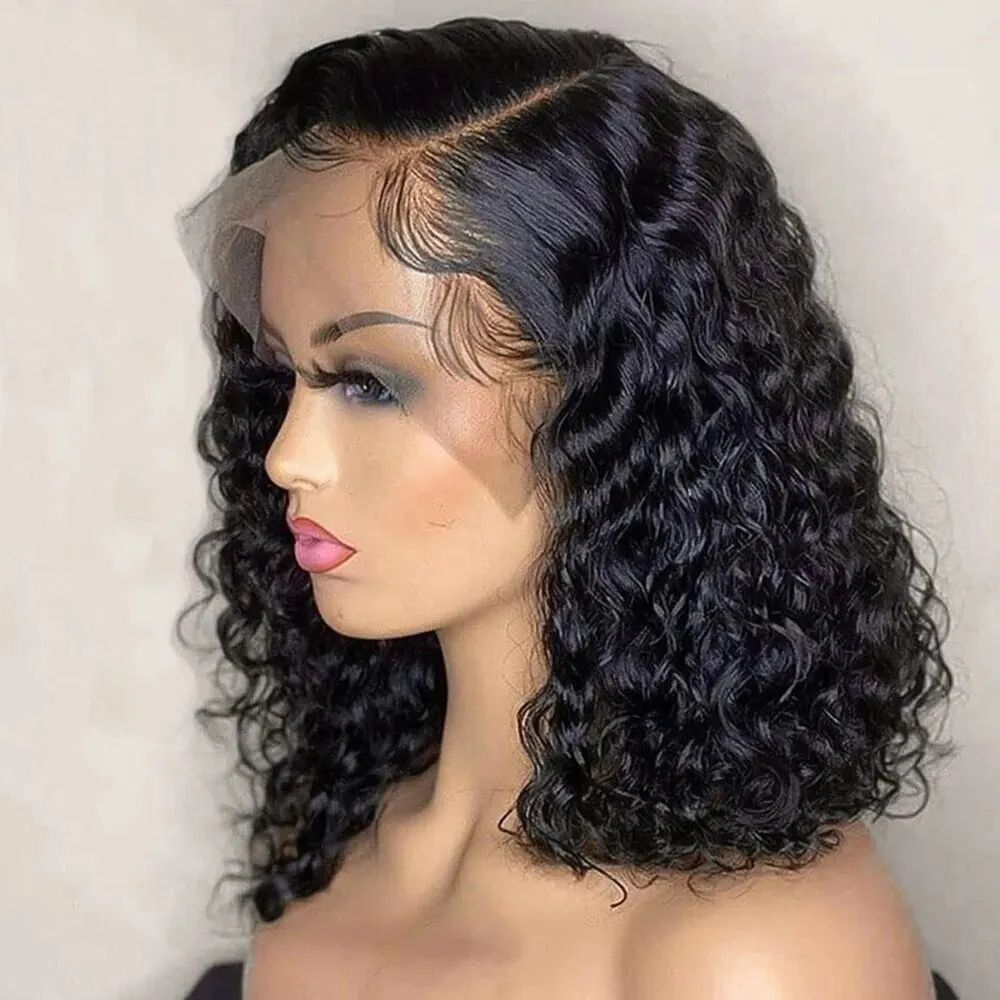 Alternative view of Glueless Deep Curly Human Hair Wigs Preplucked Short Bob Lace Frontal Wigs 180% Density Brazilian Bob Human Hair Wigs For Woman