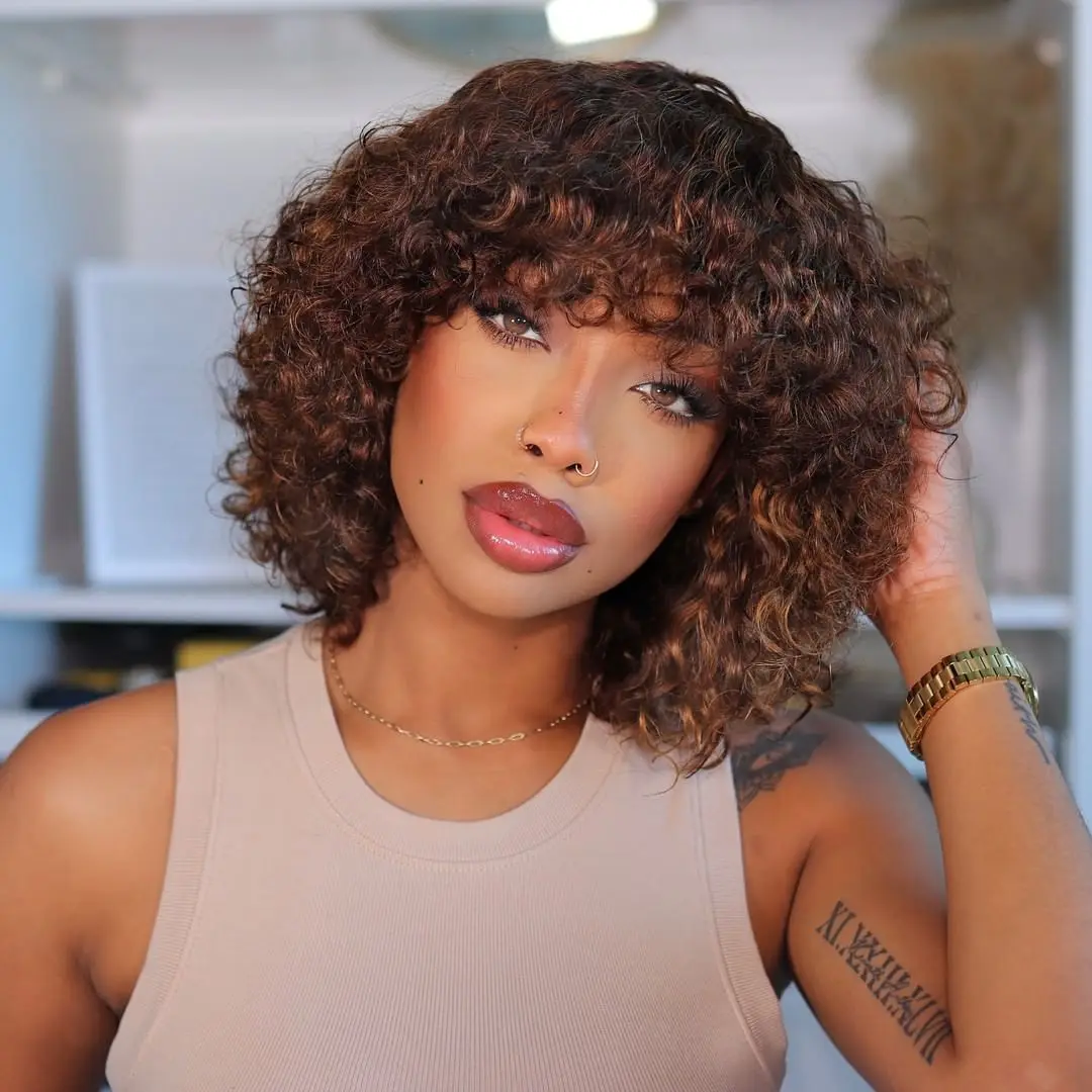 Alternative view of Brown color Short Pixie Curly Bob Cut Human Hair Wigs With Bangs Weat to go Jerry Curly Wig Highlight Colored Wigs For Women