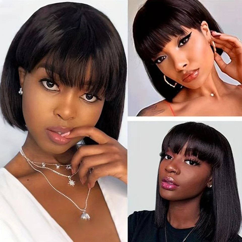 Brazilian Short Straight Hair Bob Wigs Human Hair Wig With Bangs Remy Full Machine Made Wig for Women Non Lace Glueless Bob Wig Brazilian Short Straight Hair Bob Wigs Human Hair Wig With Bangs Remy Full Machine Made Wig for Women Non Lace Glueless Bob Wig