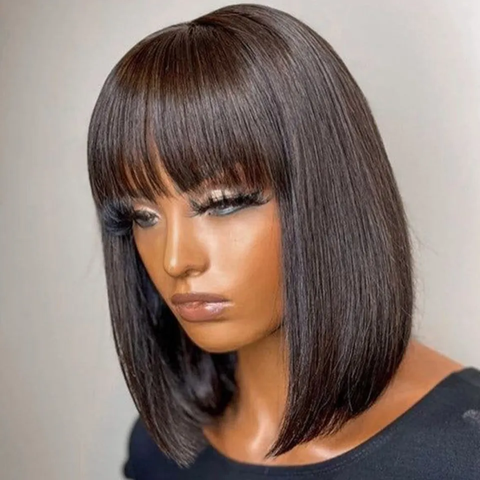 Alternative view of Brazilian Short Straight Hair Bob Wigs Human Hair Wig With Bangs Remy Full Machine Made Wig for Women Non Lace Glueless Bob Wig