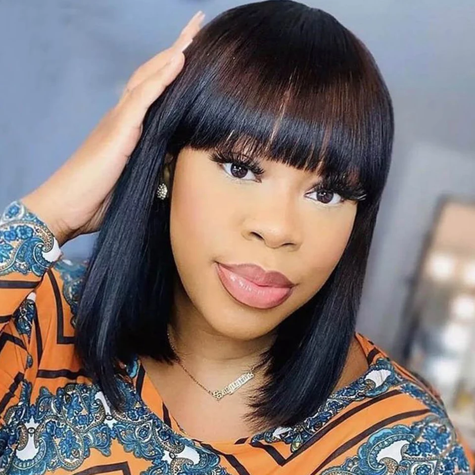 Brazilian Short Straight Hair Bob Wigs Human Hair Wig With Bangs Remy Full Machine Made Wig for Women Non Lace Glueless Bob Wig Brazilian Short Straight Hair Bob Wigs Human Hair Wig With Bangs Remy Full Machine Made Wig for Women Non Lace Glueless Bob Wig