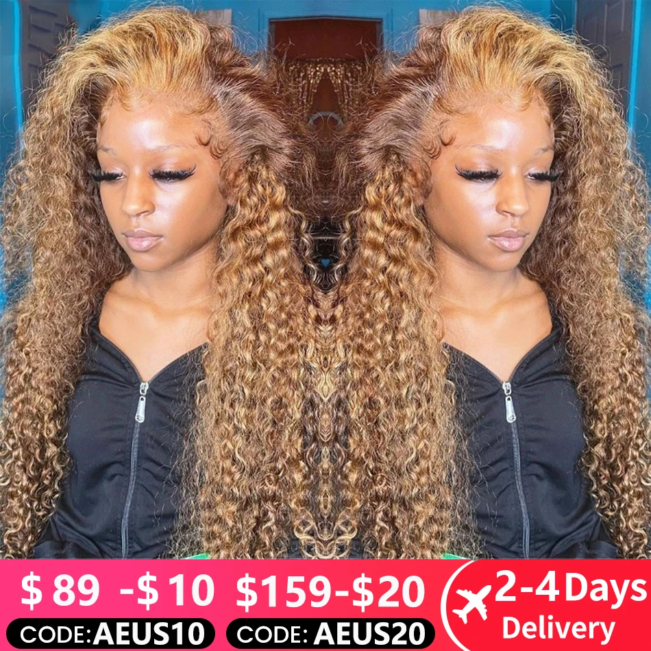200% Transparent Highlight Wig Human Hair Honey Blonde Lace Front Wigs For Women Curly Human Hair Wig Deep Wave Lace Frontal Wig