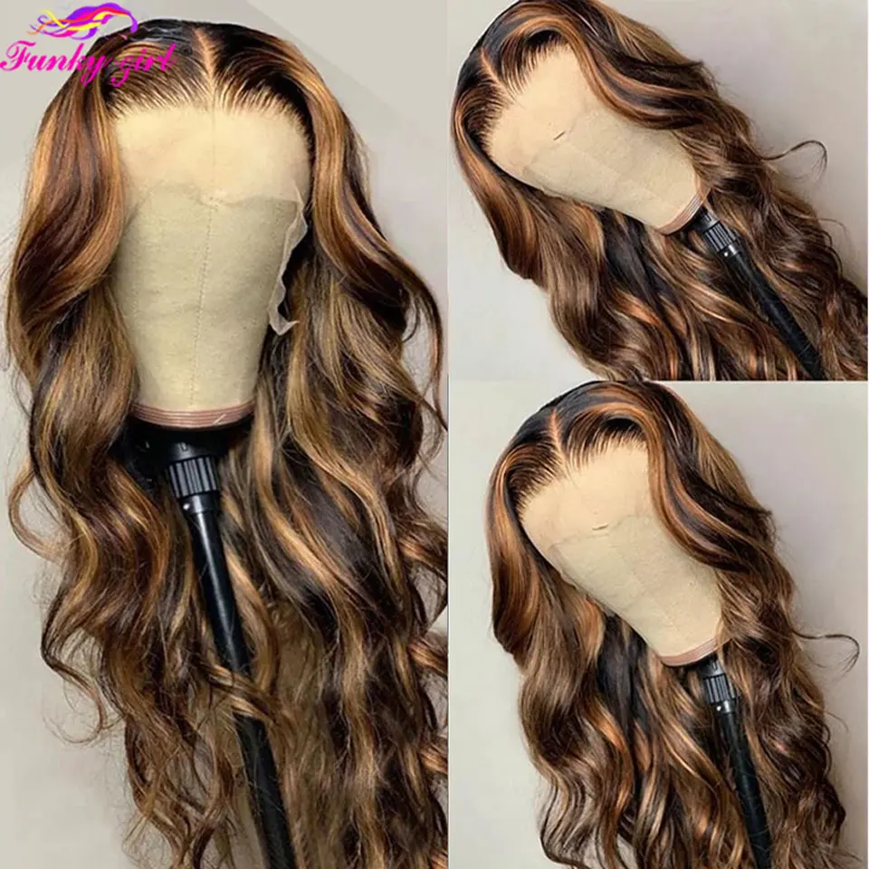 Highlight Body Wave Wig Human Hair Lace Wigs 4/27 Honey Blonde Body Wavy T Part Lace Human Hair Wig For Women Brazilian Remy Wig