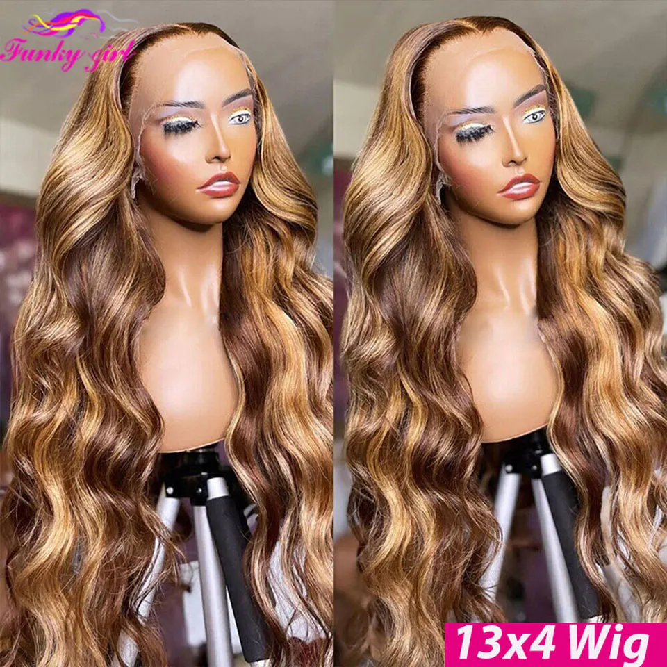 Highlight Body Wave Wig Human Hair Lace Wigs 4/27 Honey Blonde Body Wavy T Part Lace Human Hair Wig For Women Brazilian Remy Wig