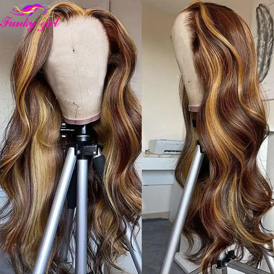 Highlight Body Wave Wig Human Hair Lace Wigs 4/27 Honey Blonde Body Wavy T Part Lace Human Hair Wig For Women Brazilian Remy Wig