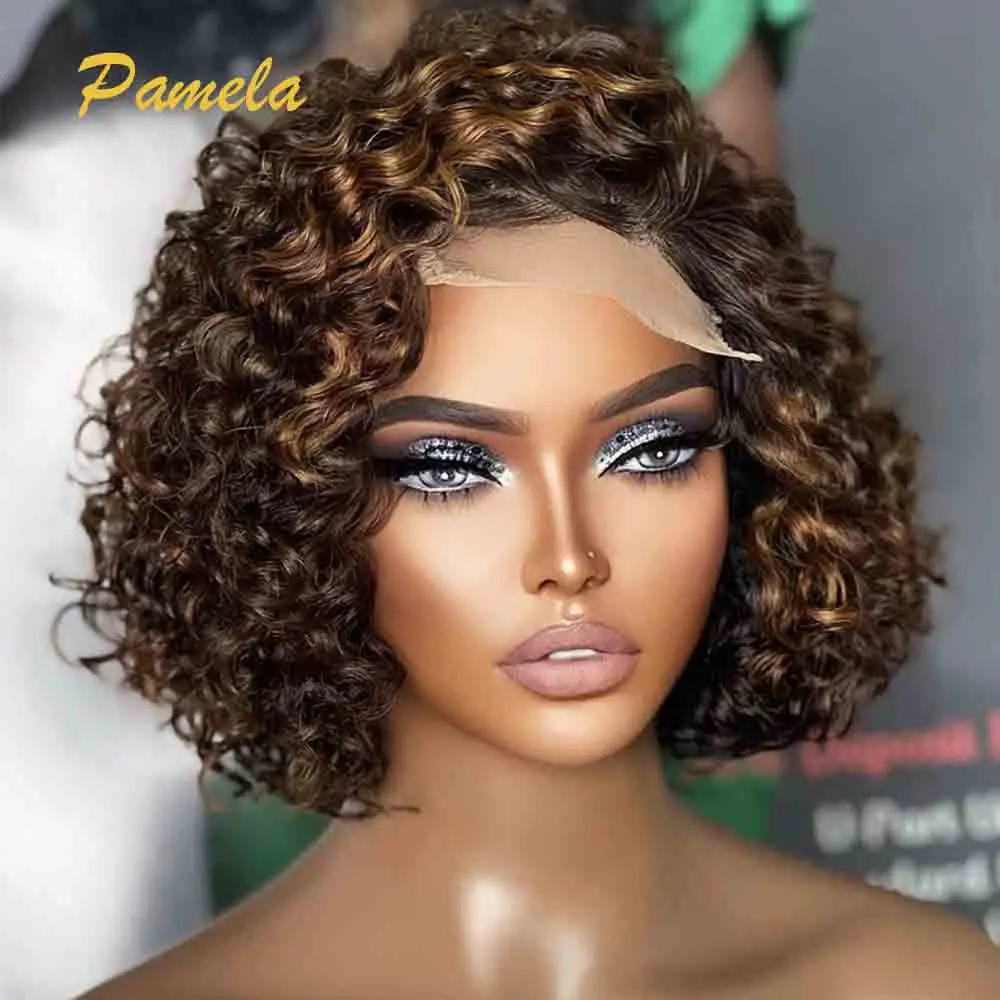 Alternative view of Highlight Blonde Short Bob Glueless Wig Human Hair Ready To Go 4/27 Colored Curly Bob 13x4 Transparent Lace Front Wig For Women