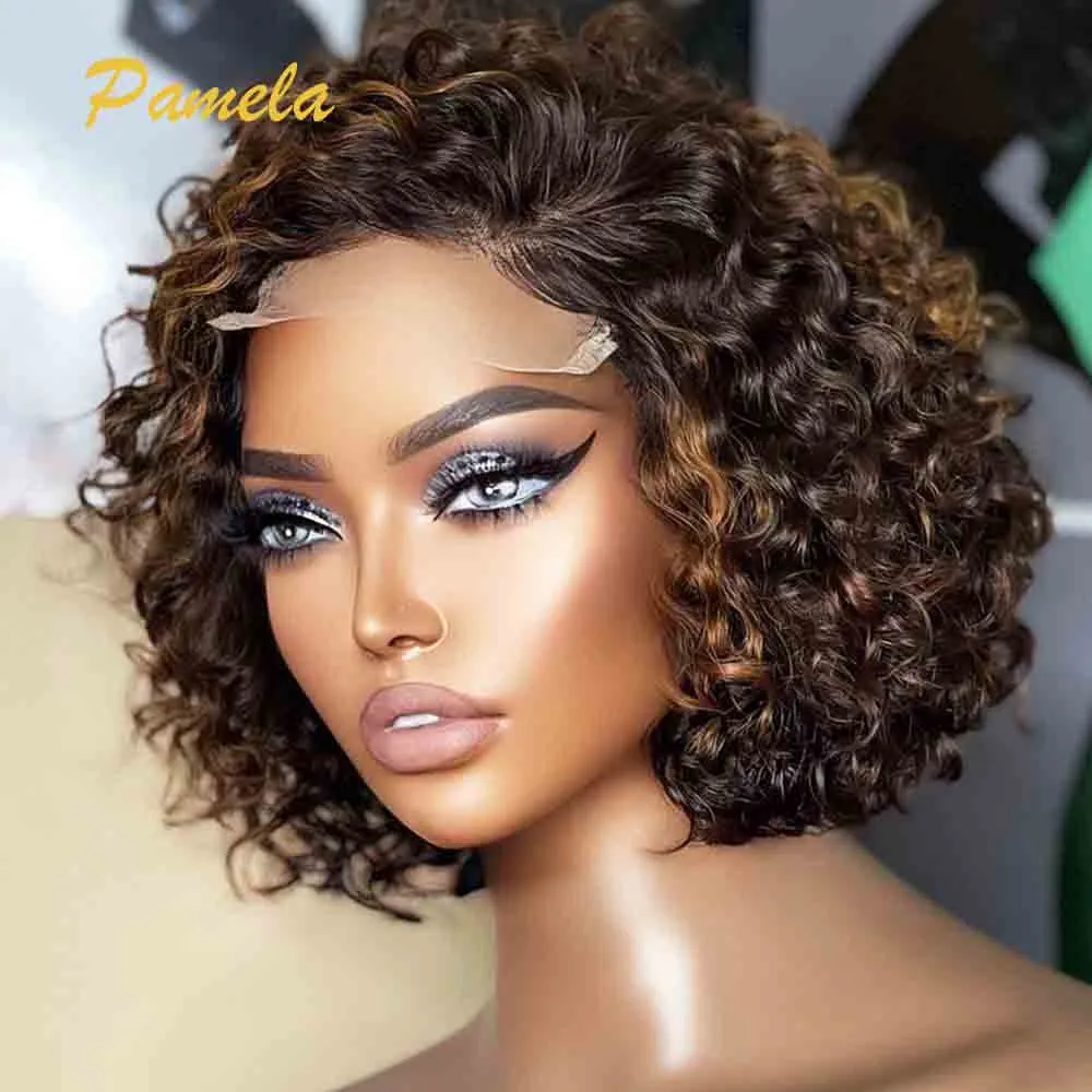 Highlight Blonde Short Bob Glueless Wig Human Hair Ready To Go 4/27 Colored Curly Bob 13x4 Transparent Lace Front Wig For Women