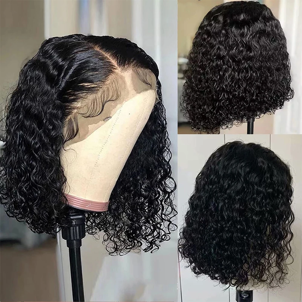 Glueless Wig Short Kinky Curly Bob Wig Lace Front Human Hair Wigs 12A Peruvian Water Wave Lace Wigs HD Transparent Perruque