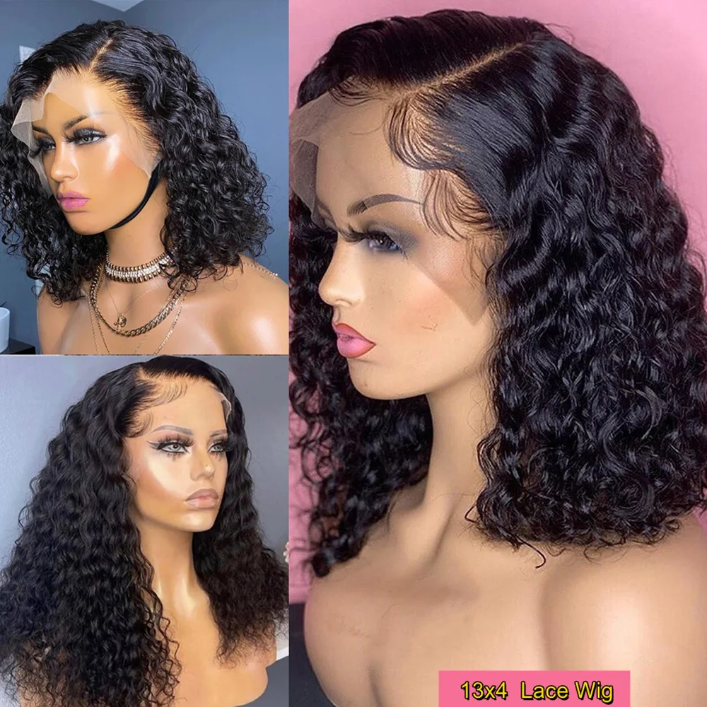 Glueless Wig Short Kinky Curly Bob Wig Lace Front Human Hair Wigs 12A Peruvian Water Wave Lace Wigs HD Transparent Perruque
