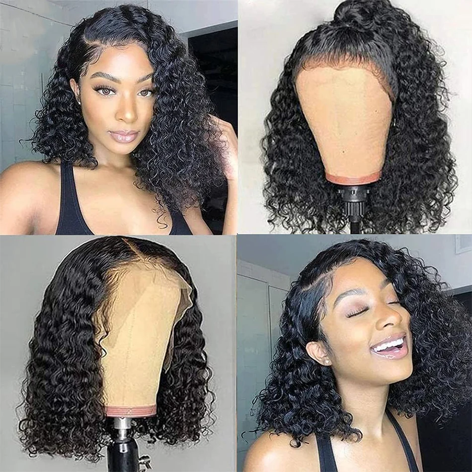 Alternative view of Glueless Wig Short Kinky Curly Bob Wig Lace Front Human Hair Wigs 12A Peruvian Water Wave Lace Wigs HD Transparent Perruque