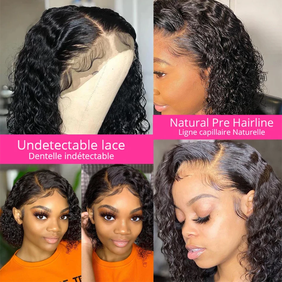 Glueless Wig Short Kinky Curly Bob Wig Lace Front Human Hair Wigs 12A Peruvian Water Wave Lace Wigs HD Transparent Perruque