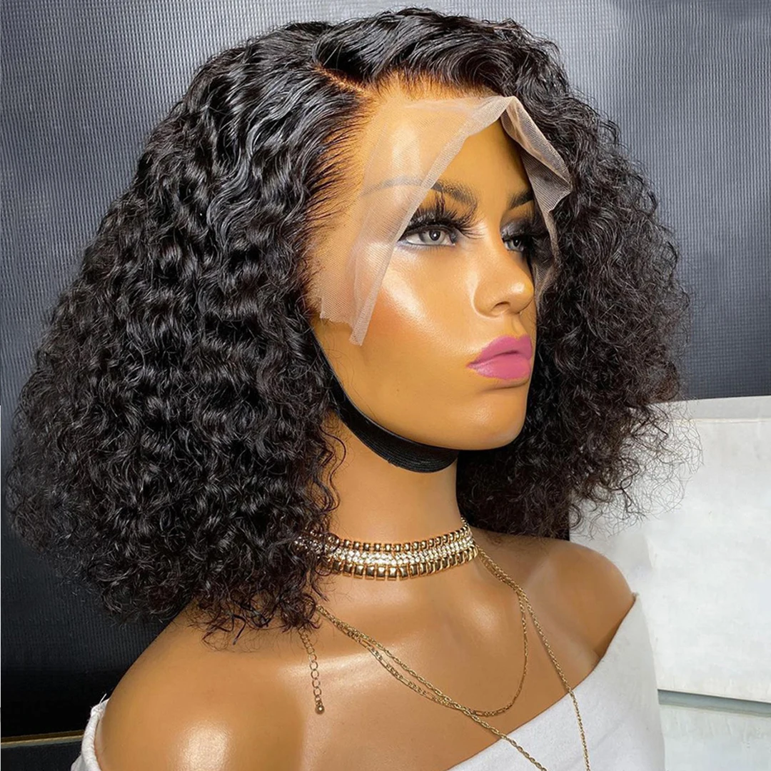 Glueless Wig Short Kinky Curly Bob Wig Lace Front Human Hair Wigs 12A Peruvian Water Wave Lace Wigs HD Transparent Perruque