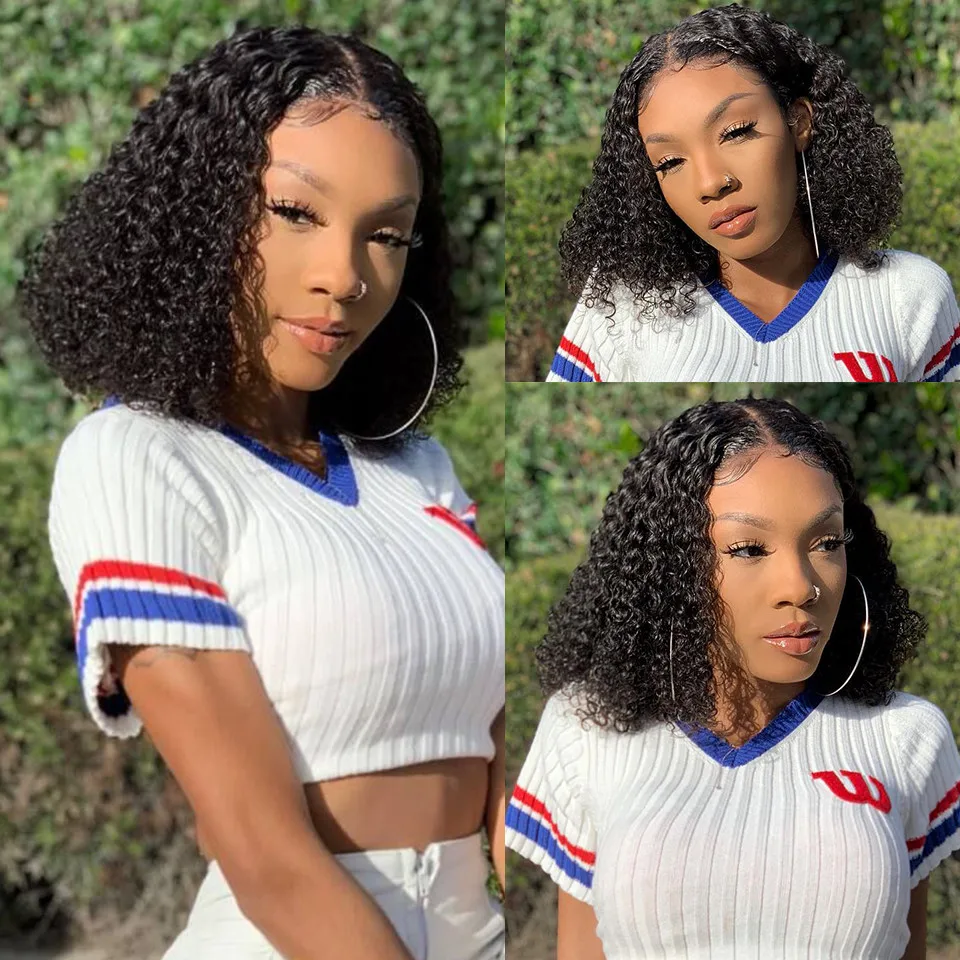Glueless Wig Short Kinky Curly Bob Wig Lace Front Human Hair Wigs 12A Peruvian Water Wave Lace Wigs HD Transparent Perruque